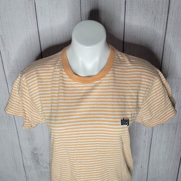 Obey Worldwide Womens Orange Striped Crewneck Short Sleeve T Shirt Size Medium - Picture 2 of 7